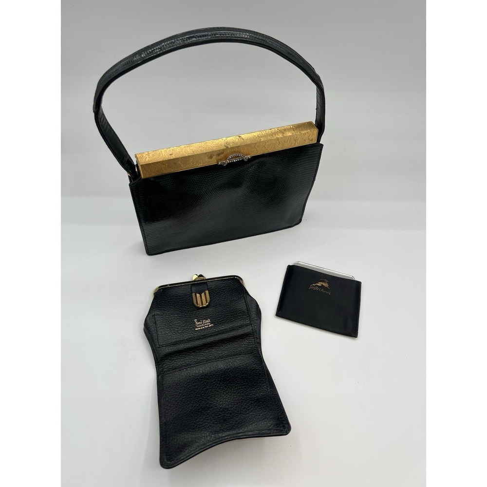 Saks Fifth Avenue Lizard Skin Handbag Womens Black Vintage Made in France Set